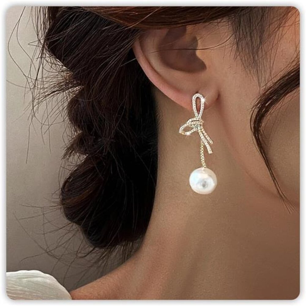 ✨ 12mm Pearl Gold Bow Earrings | Elegant Coquette Jewelry | Holiday Gift for Her
